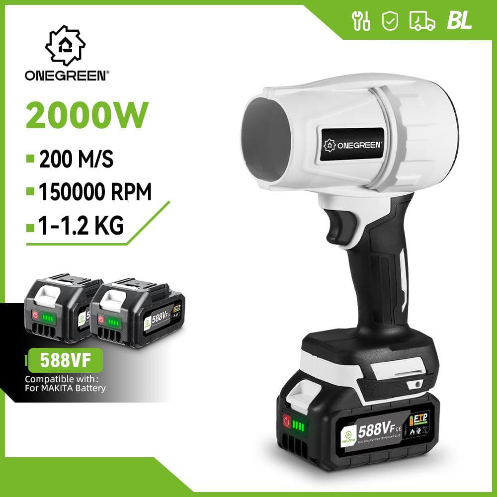 ONEGREEN 2000W Souffleur électrique sans balais Turbo Ventilateur à jet 200M/S Souffleur d'air portatif Outil de soufflage violent pour batterie