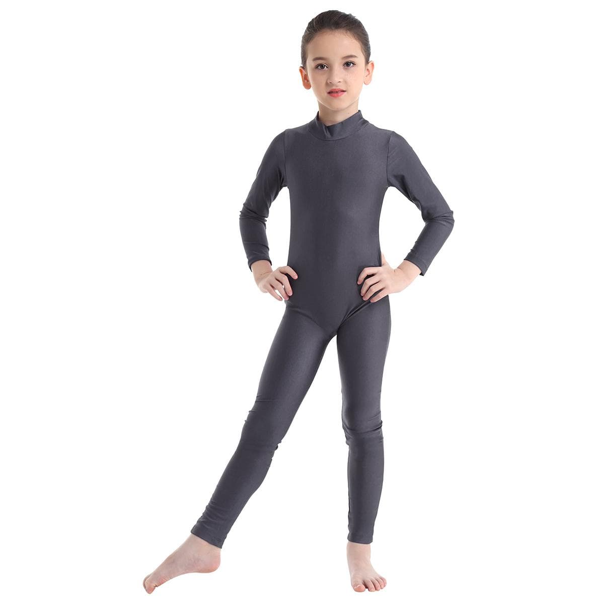 Combinaison de Danse Gymnastique Manches Longues pour Filles Combinaison Intégrale Catsuit Tenue de Danse Costumes 10-12 Years gris foncé