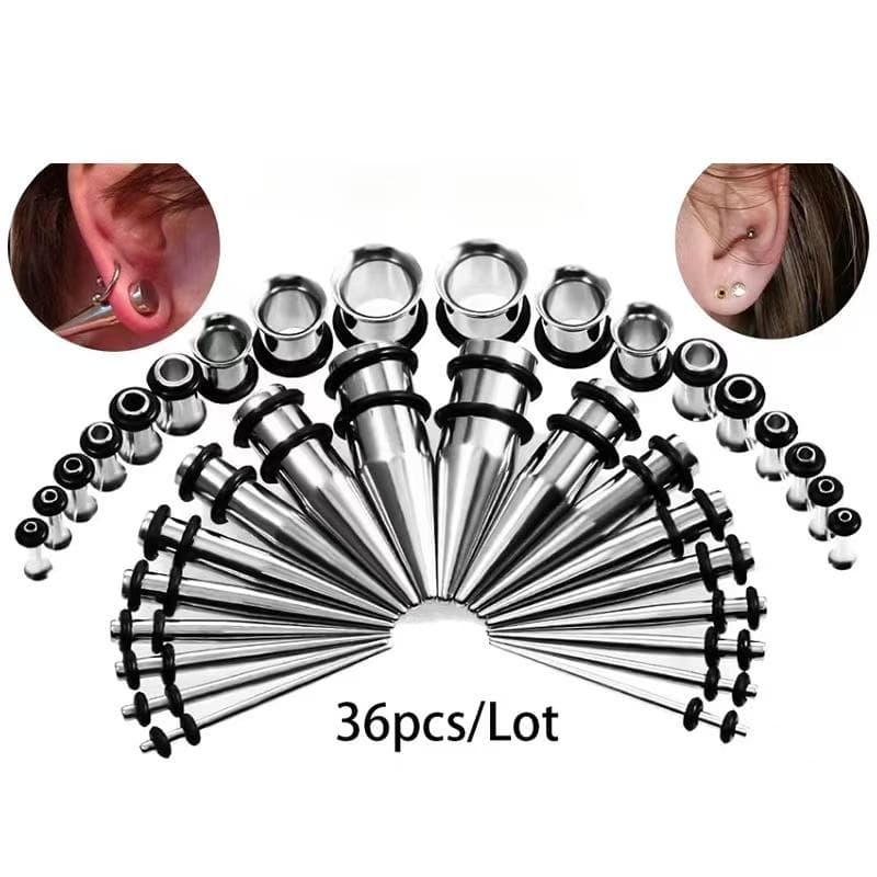36PCS/Ensemble Kit d'Écarteurs d'Oreille 14-00G Acier Inoxydable Simple Évasé Bouchons Tunnels Flesh Tapers Set d'Écarteurs noir