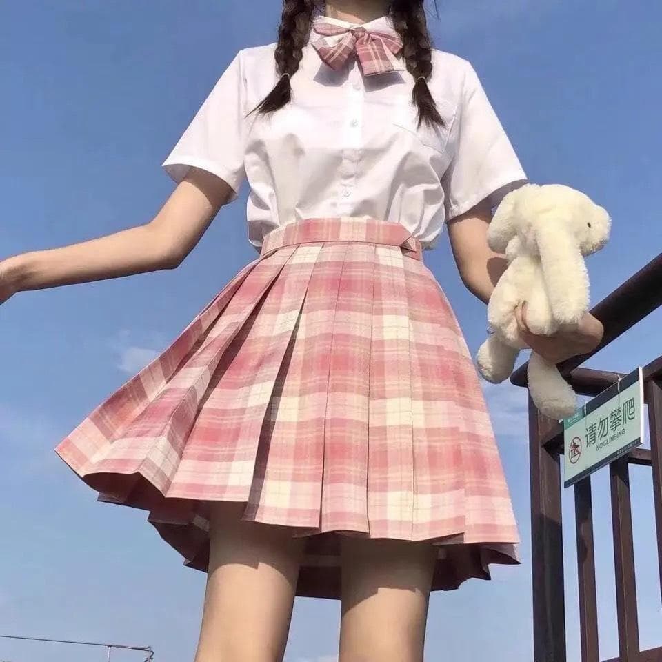 Ensemble uniforme Anime 3 pièces pour femmes, jupes plissées roses, chemise JK d'été, veste à manches longues avec Mini jupe à carreaux, costume