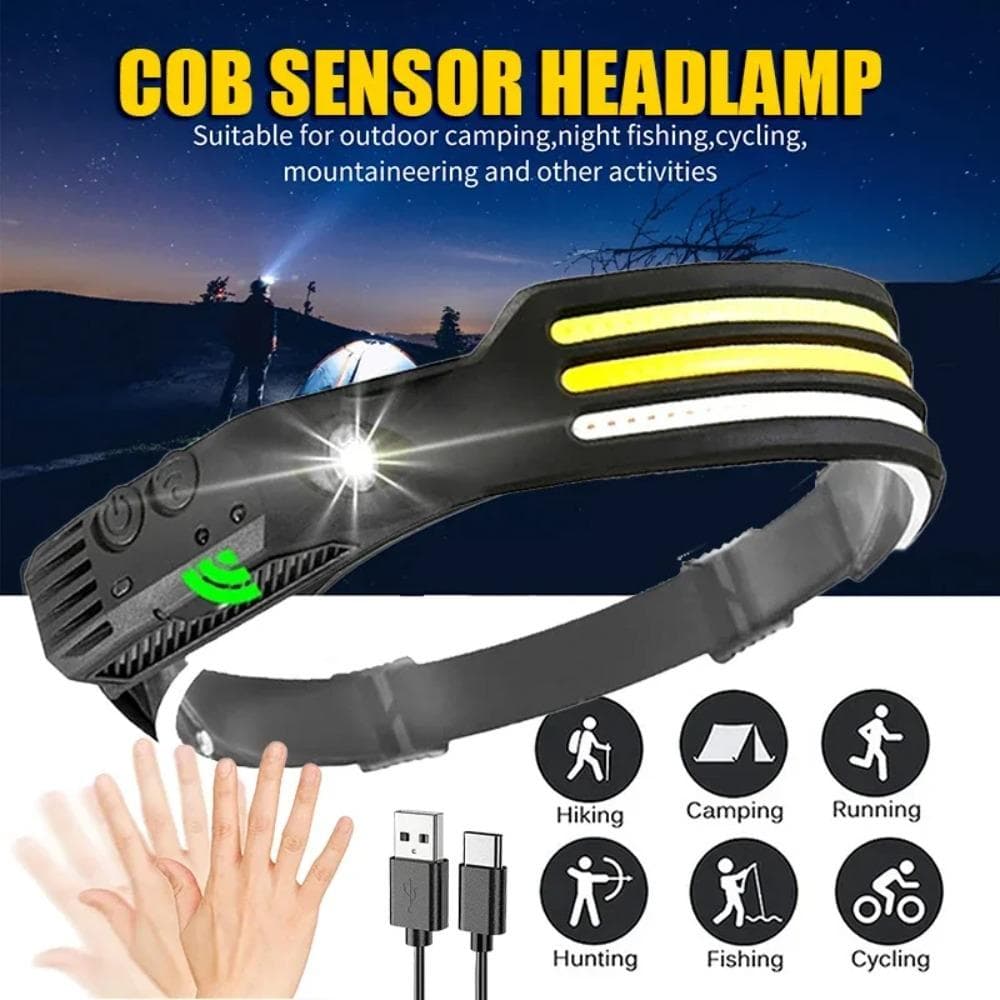 Lampe frontale multifonctionnelle à LED 3 000 lm, rechargeable par USB, idéale pour le camping, la pêche ou la chasse, avec technologie COB
