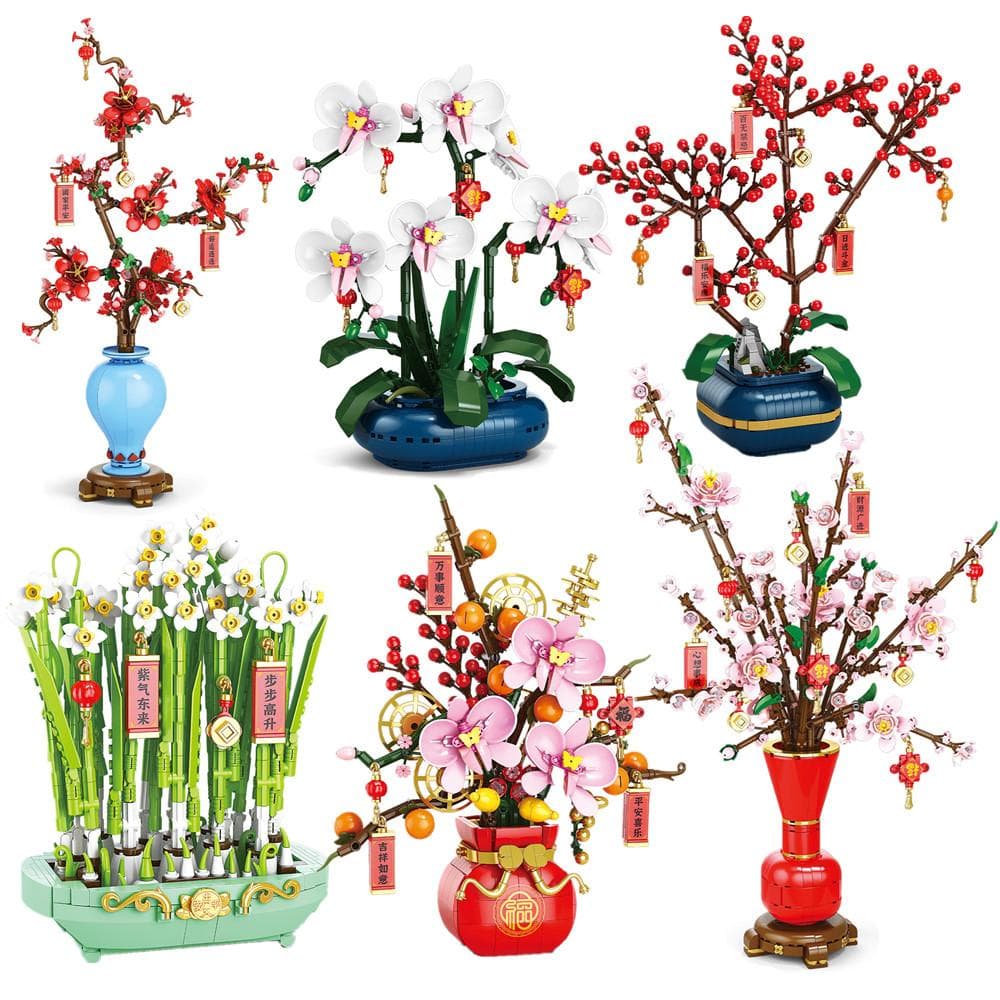 Bouquet de Fleurs Fleur de Prunier Fleur de Pêcher Narcisse Bonsaï Plante en Pot Modèle Blocs de Construction Décoration de Maison Jouet Pour