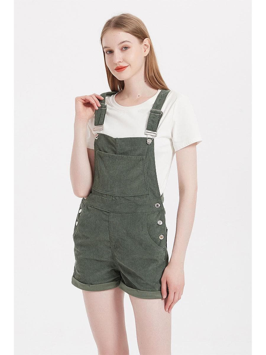 Salopette en Velours Côtelé et Denim Lâche pour Femme 2025 - Short Printemps & Automne cm vert foncé