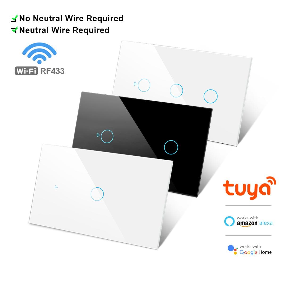 Tuya Smart Life WiFi interrupteur d'éclairage LED App 433RF Alexa télécommande vocale interrupteur tactile Compatible fil neutre \ pas de fil