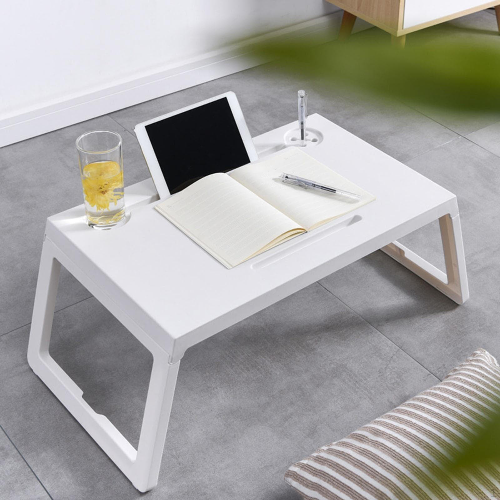 Support de lit réglable, plateau de service à tiroir, Table pour ordinateur Portable, bureau pour le sol beige
