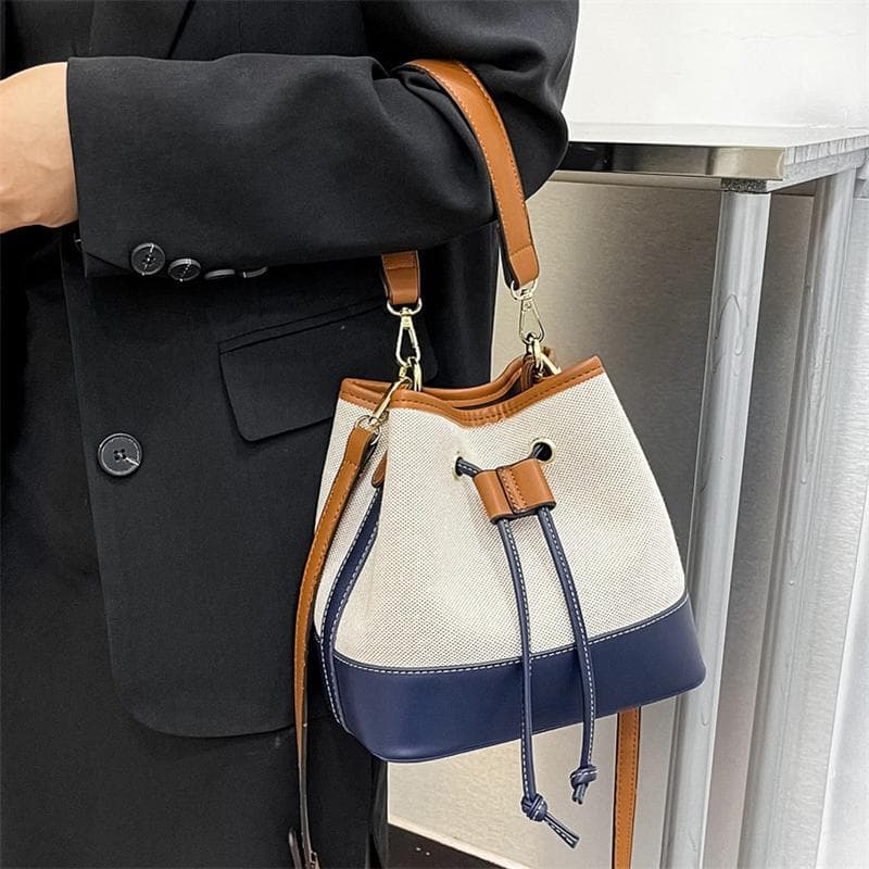 Sac Seau à Cordon de Serrage Couleur Contrastée pour Femmes Automne Nouvelle Mode Sacs à Main en Toile Grande Capacité Sac Bandoulière Cabas
