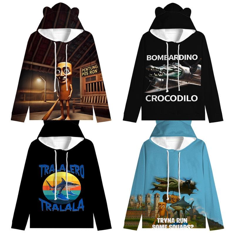 Tung Tung Tung Sahur Crop Tops Anime Tralalero Tralala Sweat à capuche Oreilles de Chat Bombardiro Crocodilo Manches Longues Mode Fille cm
