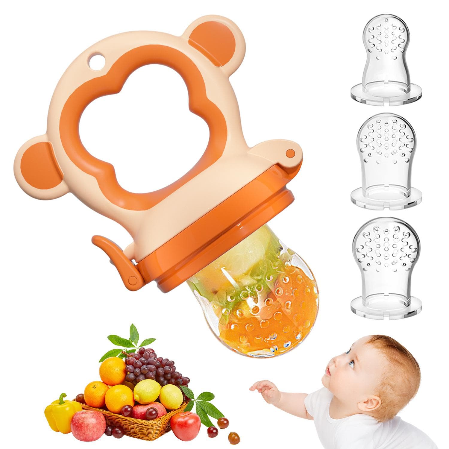 Distributeur de fruits solides/congelés pour bébé, Anneau de dentition pour bébé 4 mois+, Sac et anneau en silicone sans BPA, Soulagement des