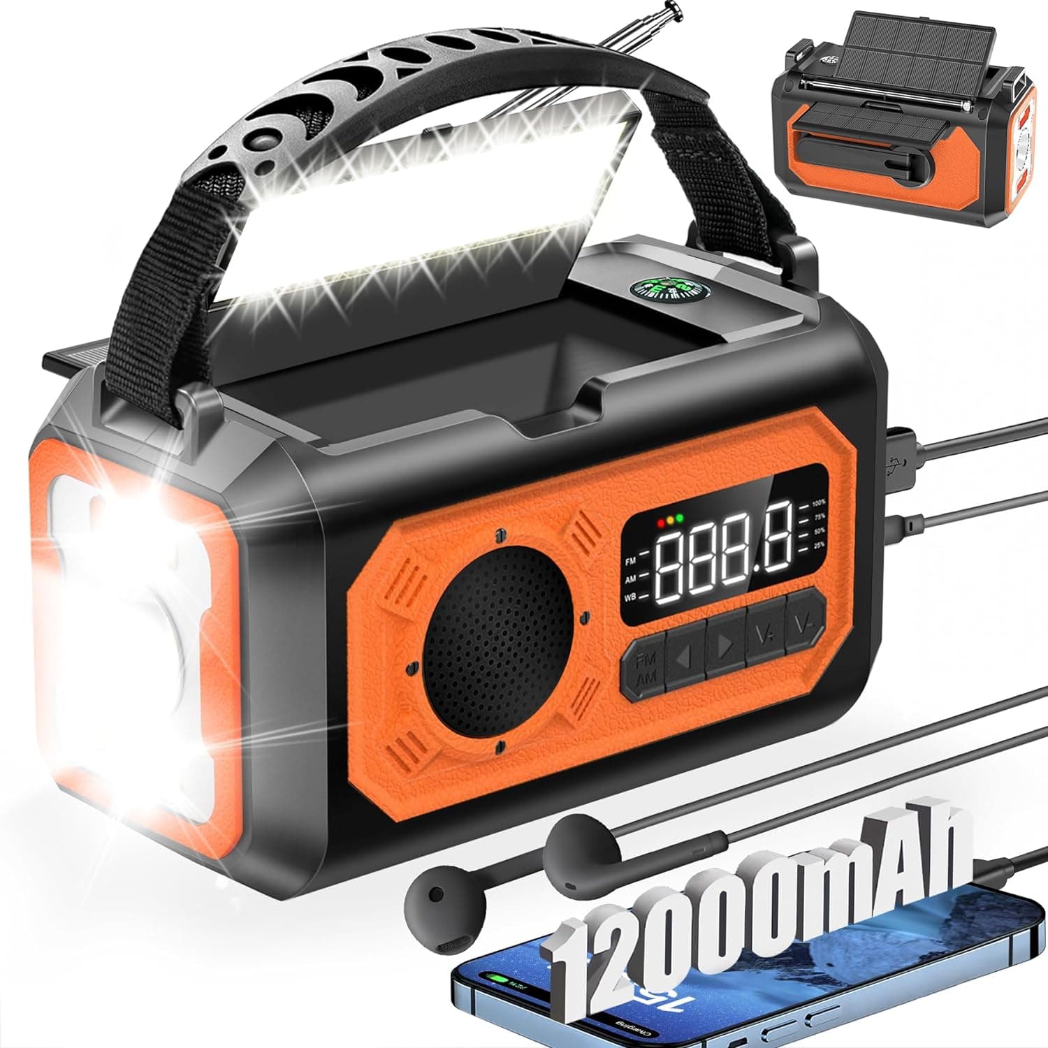 Radio d'urgence 12 000 mAh Radio à manivelle Radio solaire Radio AM/FM portable avec 2 panneaux solaires 3 méthodes de charge Alarme SOS Lampe de
