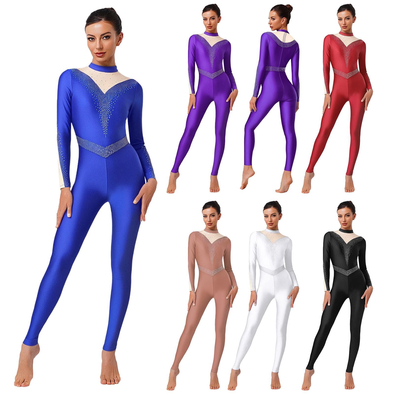 Combinaison de Gymnastique pour Femmes Patchwork Strass Brillants Col Montant Manches Longues Fermeture Éclair Invisible au Dos Pantalon Long cm bleu