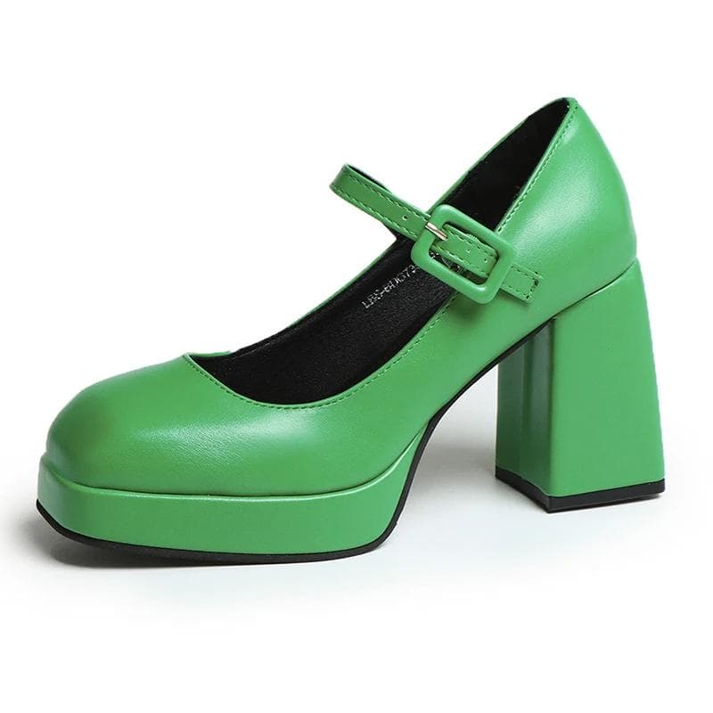 chaussures Mary Janes mode Femmes Escarpins à plateforme Printemps Automne Talons carrés Cuir Taille 35-44 cm vert