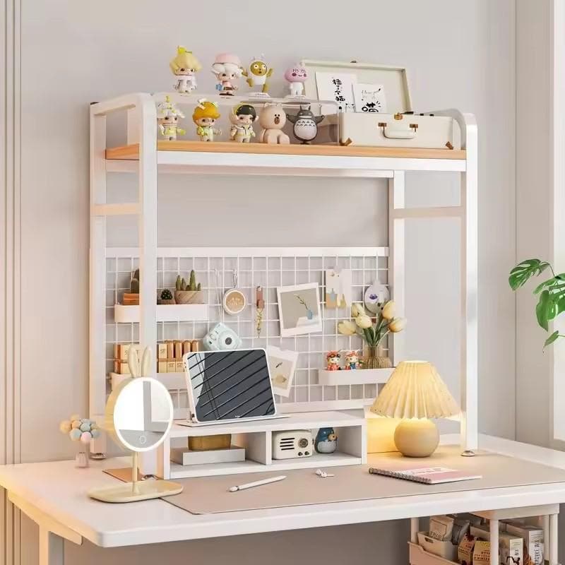 Bibliothèque Étagère avec Grille Bureau d'Étudiant Table d'Ordinateur Multicouche en Fer Forgé Table avec Panneau Perforé Étagères en Bois
