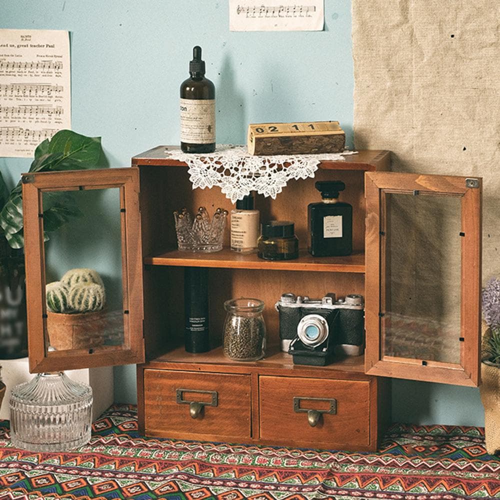 1PC Bois Massif Vintage Vitrine Double Porte Tiroir Divers Cosmétiques Boîte de Rangement de Bureau en Bois