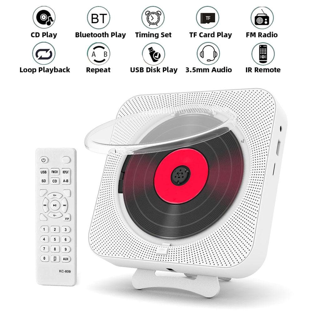 Lecteur CD portable à montage mural, écran LED, lecteurs de musique stéréo Bluetooth avec télécommande IR, radio FM, lecture de carte USB TF.