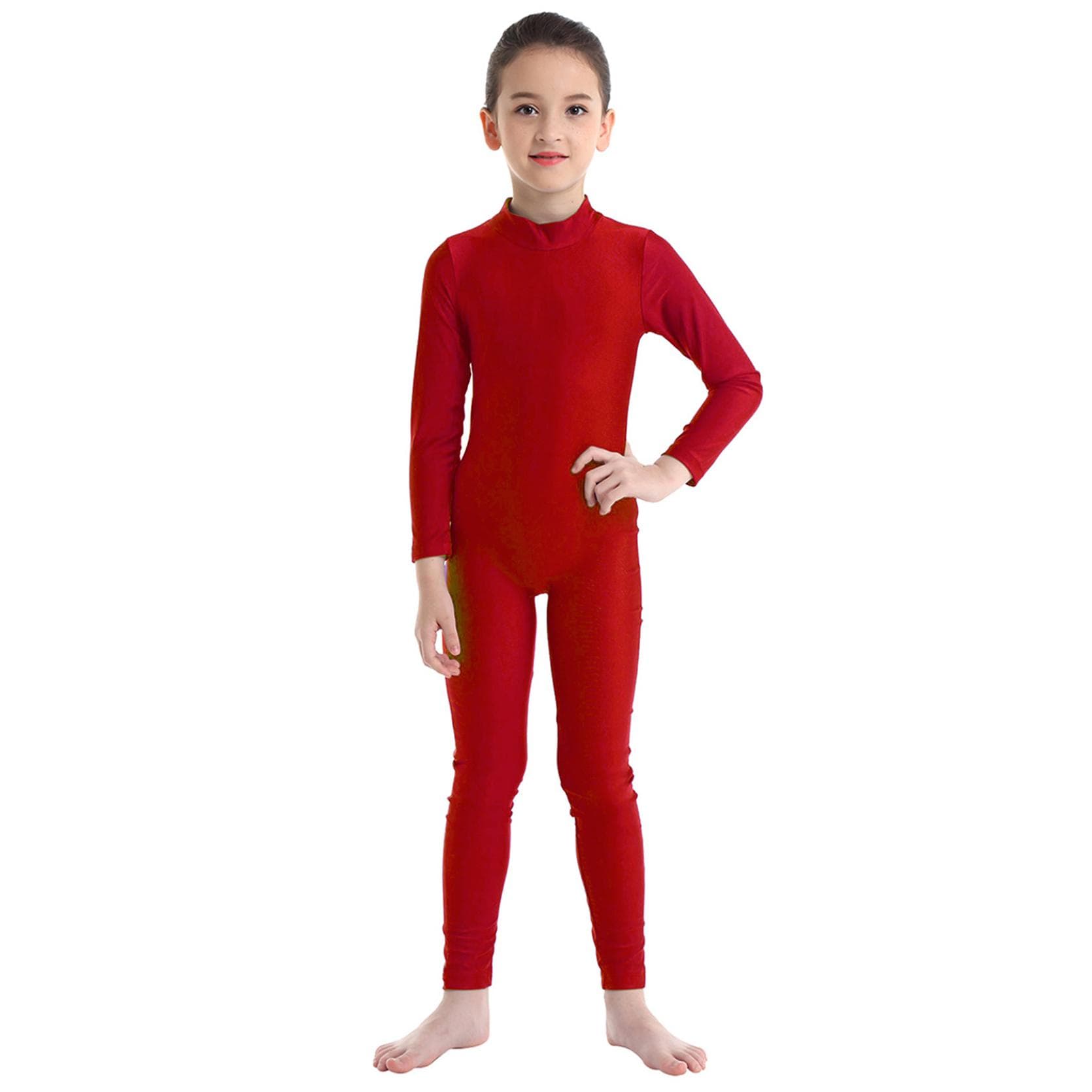 Combinaison de Danse Gymnastique Manches Longues pour Filles Combinaison Intégrale Catsuit Tenue de Danse Costumes 10-12 Years rouge