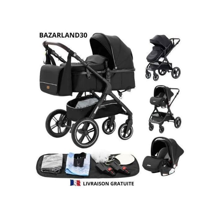 BAZARLAND30.Poussette 3 en 1 Bébé Combinée Siège-Auto Nacelle Trio Réversible Réglable Haute Qualité Roues increvables Canne.NOIR noir
