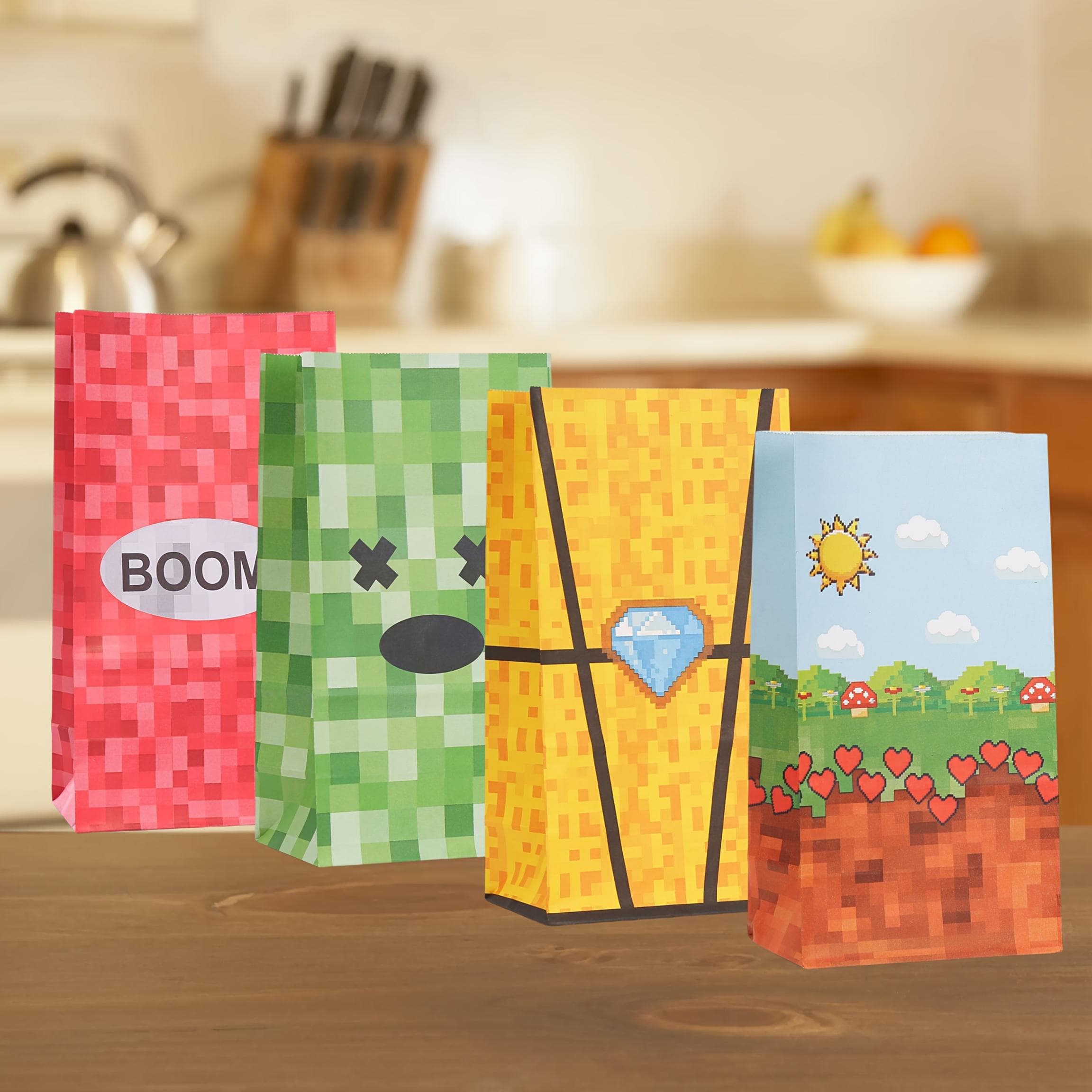 1 paquet (12 pcs) Sac cadeau imprimé créatif et personnalisé, sac cadeau sur le thème du jeu style pixel avec autocollants, adapté pour les