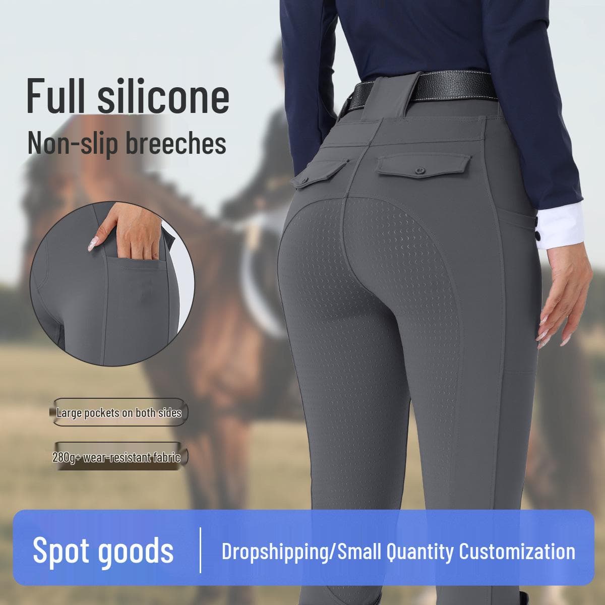 Culotte d'équitation blanche en silicone à fond intégral antidérapant pour femme - Pantalon de compétition équestre élastique moulant, style