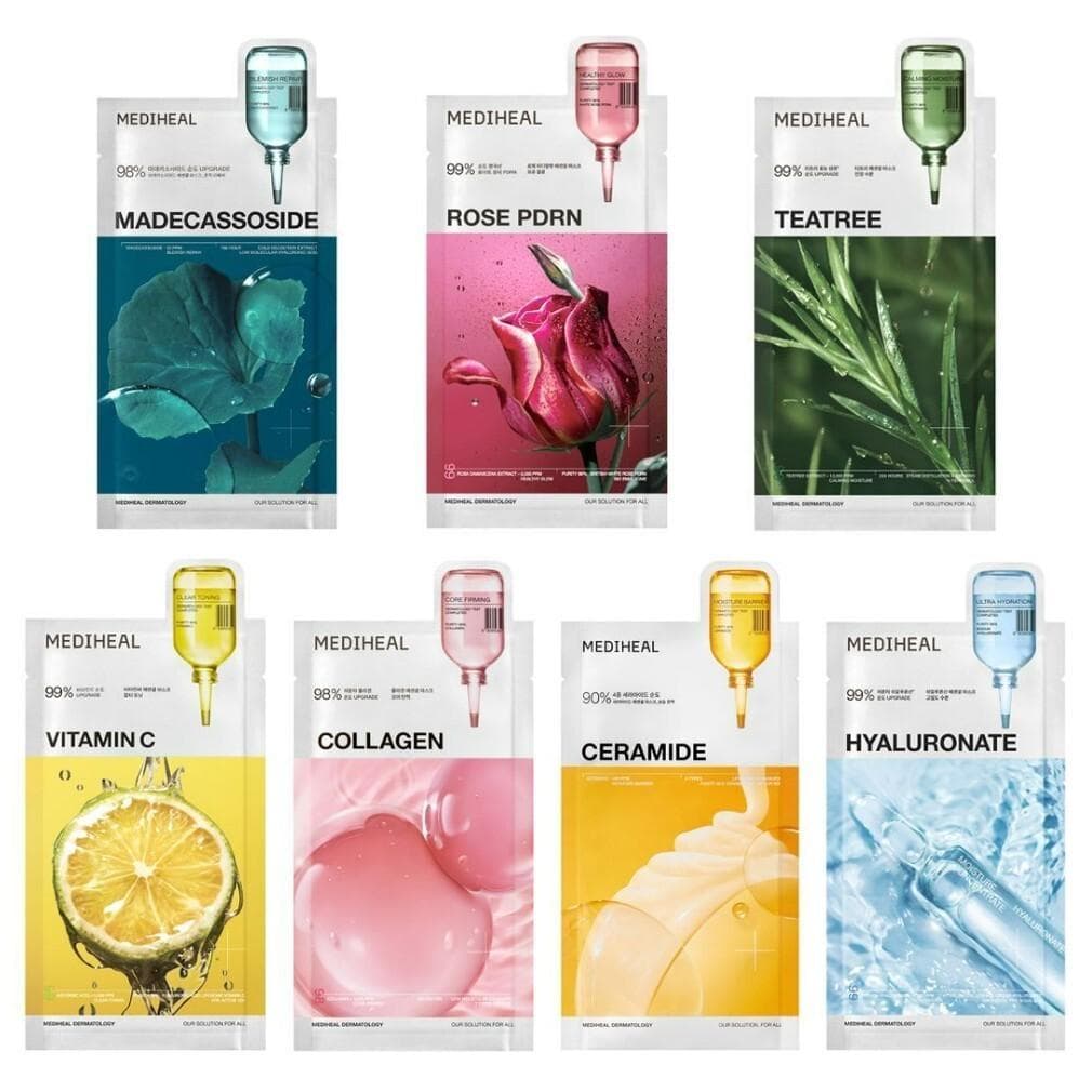 MEDIHEAL Masque Essentiel 24mLx10pièces Collagène, Hyaluronate, Rose PDRN, Arbre à Thé, Vitamine C, Madécassoside, Céramide/ KBeauty