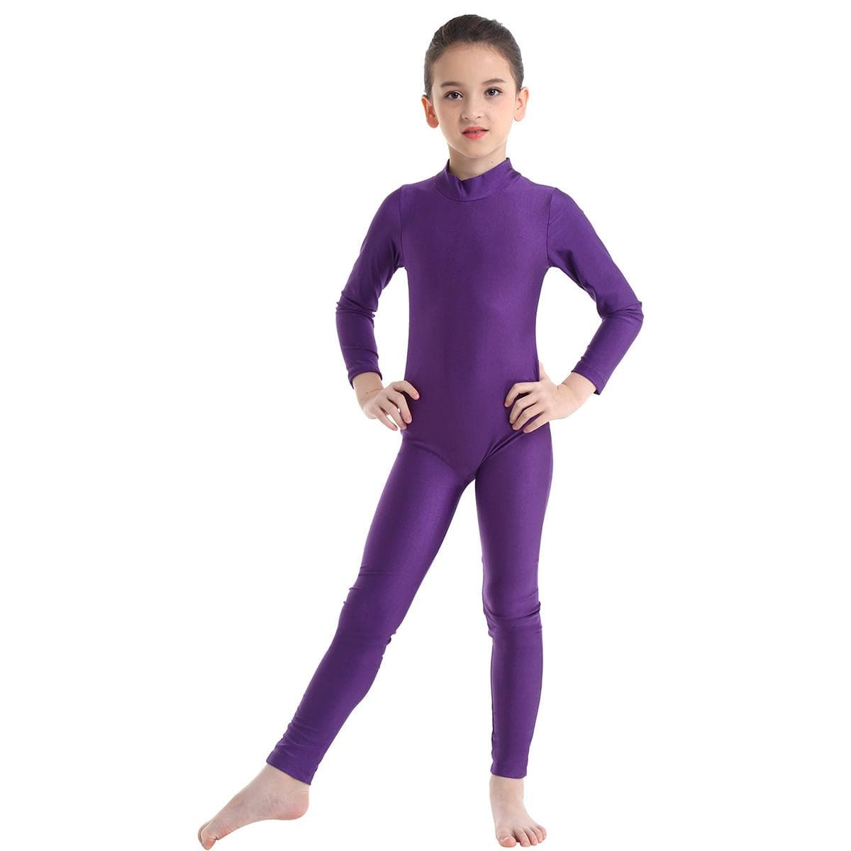 Combinaison de Danse Gymnastique Manches Longues pour Filles Combinaison Intégrale Catsuit Tenue de Danse Costumes 10-12 Years violet
