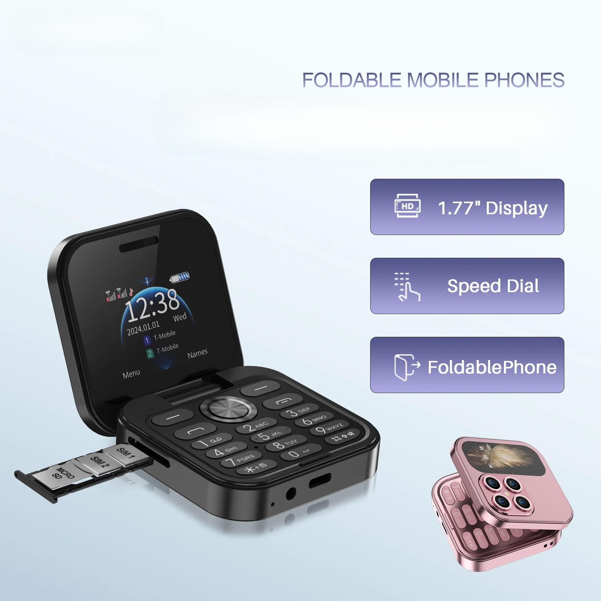 Téléphone portable pliable à clapet, 2 cartes SIM, veille, voix magique, radio FM, lampe de poche, liste noire, petit format carré de 1,77 pouces
