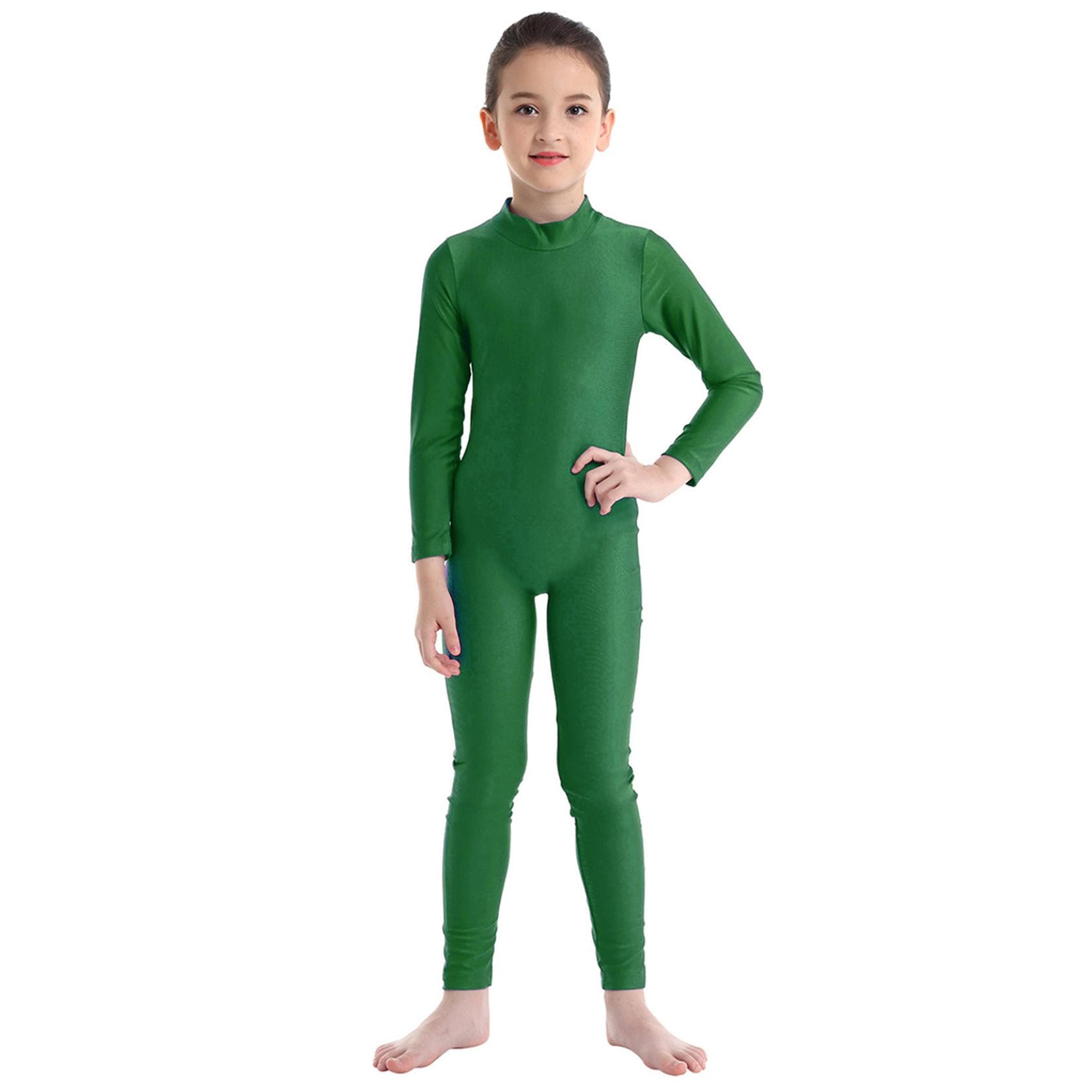 Combinaison de Danse Gymnastique Manches Longues pour Filles Combinaison Intégrale Catsuit Tenue de Danse Costumes 10-12 Years vert