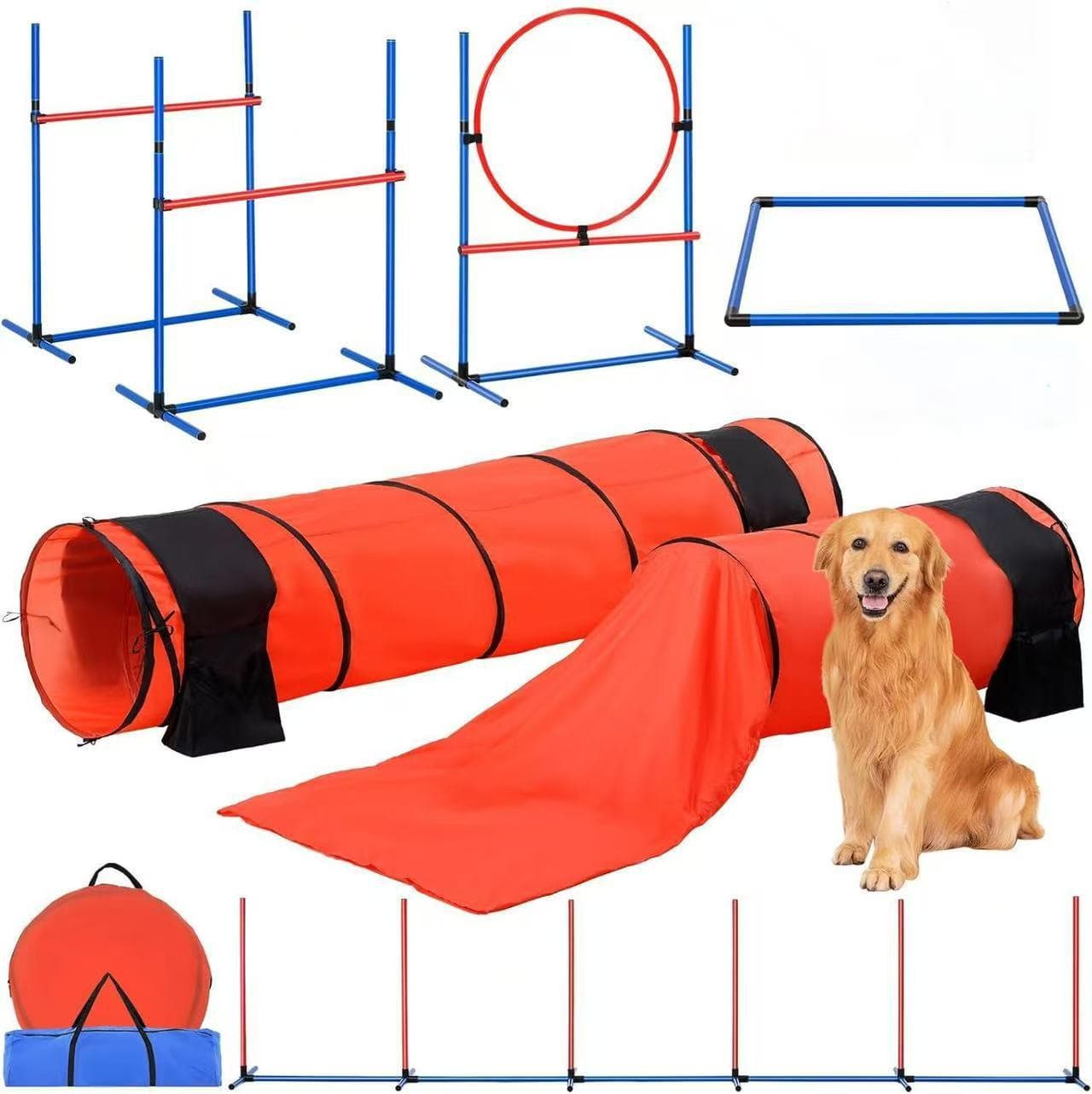 Ensemble d'Agilité pour Chiens: Barre d'appel, Cadre de saut d'obstacles, Anneau, Poteaux de slalom et Tunnel