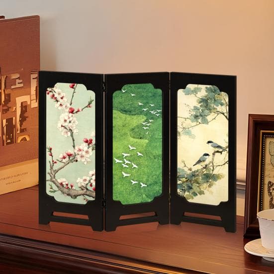 Mini Paravent Pliant Floral Style Chambre Bureau Vintage Séparateurs d'Espace Chinois Rustique Paravent Pliant 3 Panneaux Feng
