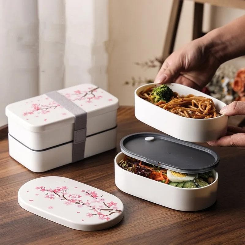 Boîte à déjeuner Fleur de cerisier japonaise avec couverts Boîtes bento micro-ondables Tasse à soupe Portable Étudiant Boîte à lunch double