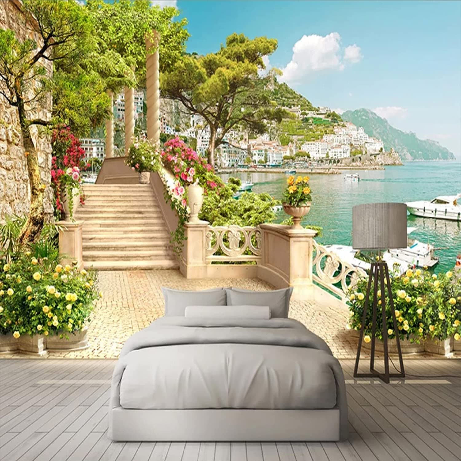 Art moderne rétro jardin balcon escaliers vue sur le lac papier peint peintures murales 3D, architecture romaine grand papier peint mural espace
