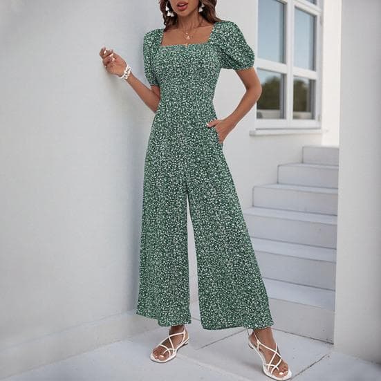 Combinaison à col carré pour femme, florale, manches courtes bouffantes, pantalon large, barboteuse d'été cm rouge