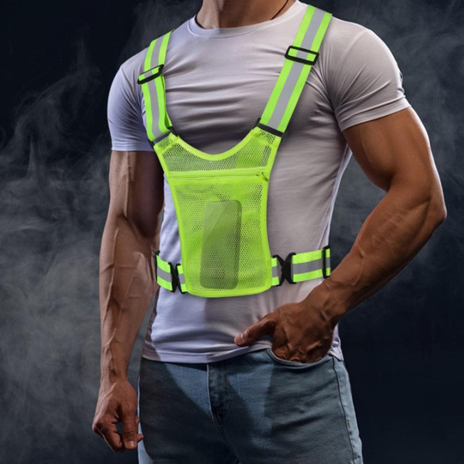 Gilet Réfléchissant Ceinture Sangle Réglable Équipement Haute Visibilité pour Course à Pied Cyclisme vert
