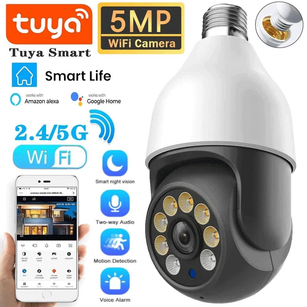 Ampoule 5G E27 Wifi Tuya Smart 5MP PTZ IP Caméra de surveillance dôme extérieure couleur Vision nocturne Protection de sécurité de l’or blanc