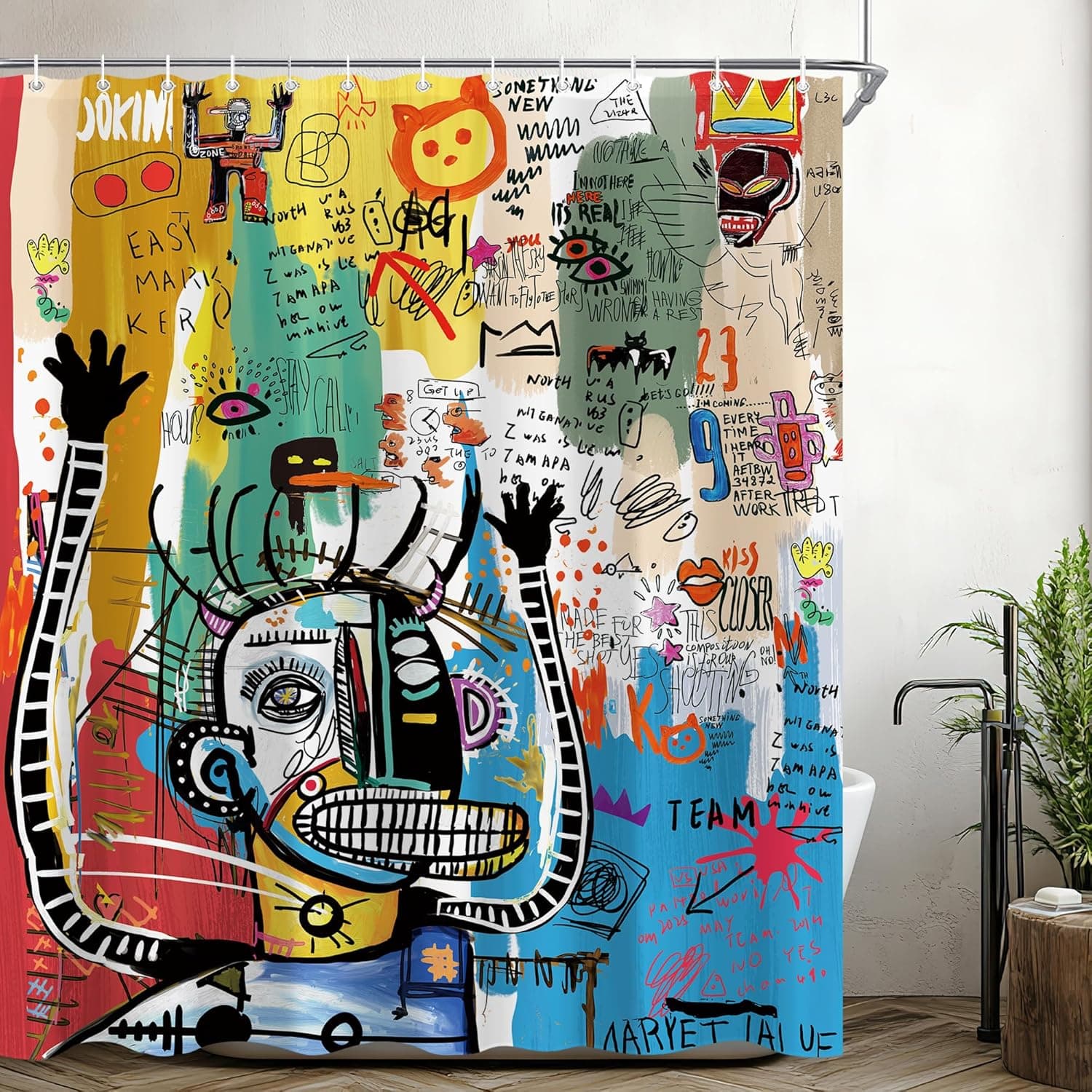 Ensembles de Rideaux de Douche Abstraits Modernes pour Salle de Bain Rideau de Douche Art Graffiti Coloré Drôle Cool Hommes Adolescents Garçons