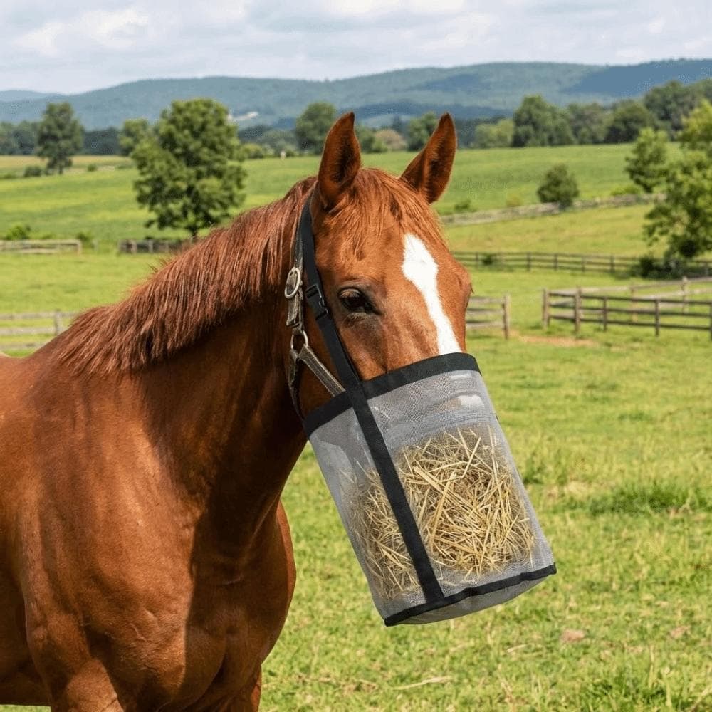 Sac d'alimentation étanche multicolore pour chevaux Muselière de pâturage élastique réglable Filet respirant Sac d'alimentation pour chevaux