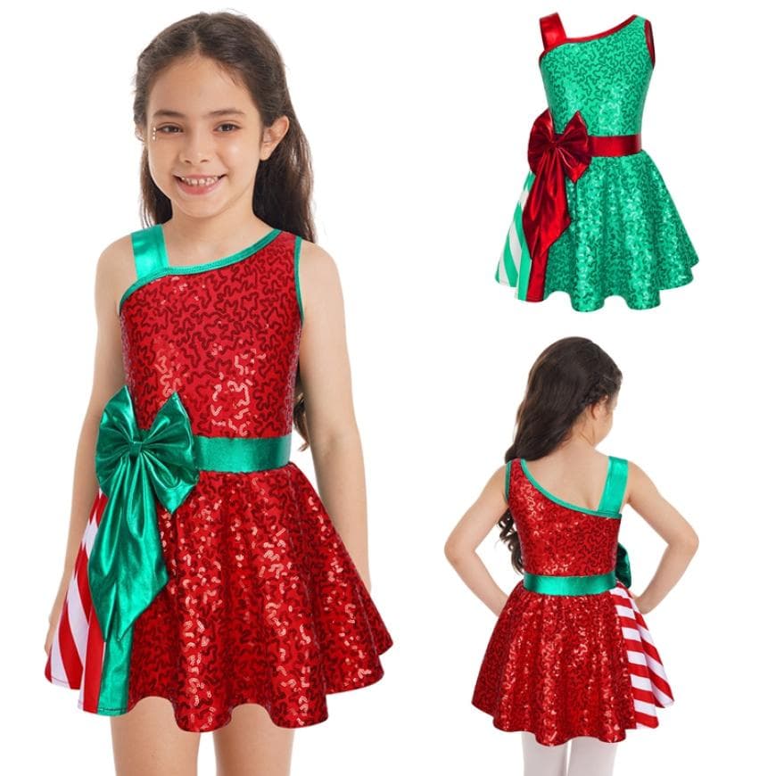 Vêtements de danse élégants pour enfants filles, sans manches, asymétrique, épaule rayée, robe Patchwork, tenues de noël cm vert
