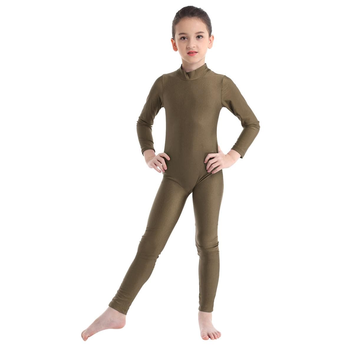 Combinaison de Danse Gymnastique Manches Longues pour Filles Combinaison Intégrale Catsuit Tenue de Danse Costumes 4-5 Years marron