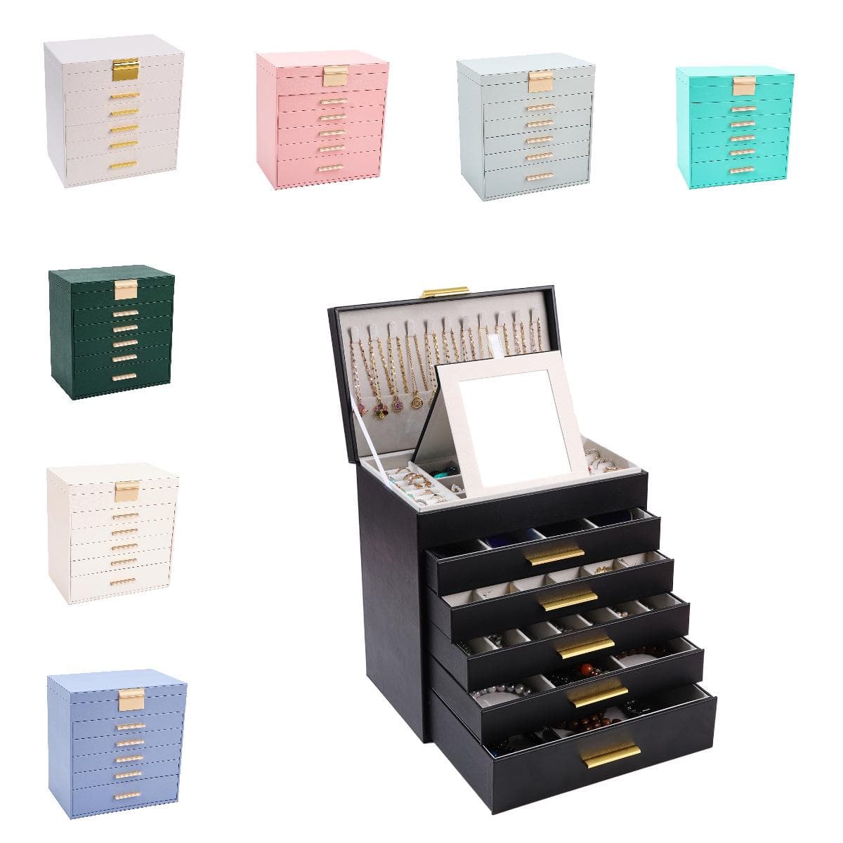 Boîte de rangement à bijoux 6 niveaux en cuir PU avec miroir et 5 tiroirs