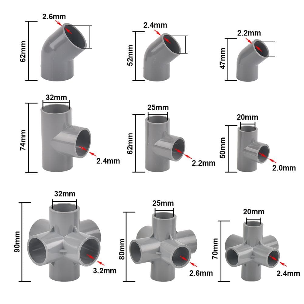 Raccord de tuyau en PVC de diamètre intérieur 20, 25, 32 mm, coude droit, adaptateur de tuyau d'eau, tube de bricolage domestique 3, 4, 5, 6 voies