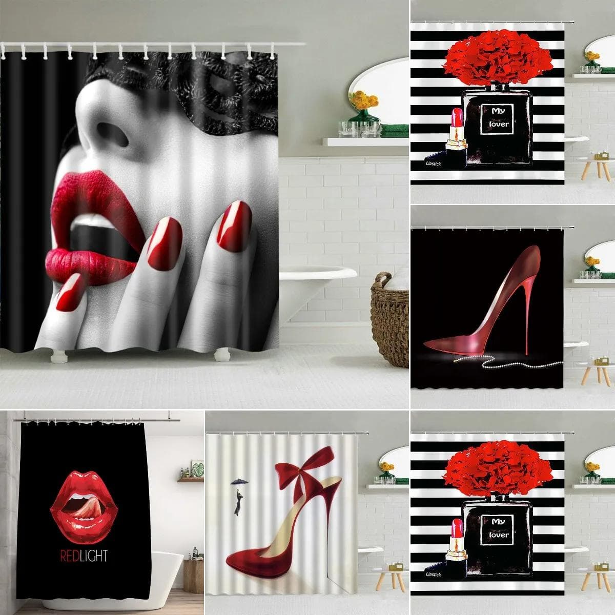Rideau de douche Lèvres Rouges Sexy Femme Mystérieuse Flacon de Parfum Rouge à Lèvres Talons Hauts Fille Décor de Bain Tissu Imperméable