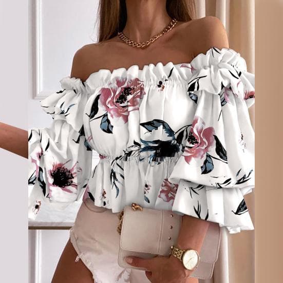 Haut multicouche à épaules dénudées chemise à manches évasées plissée colorée cm rose