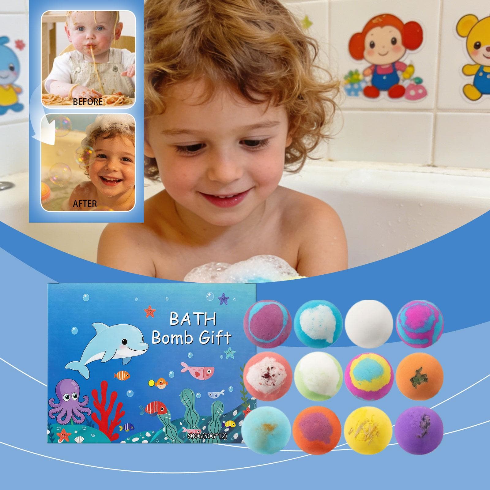 Ensemble de Sels de Bain Océaniques pour Enfants avec Jouets Surprise à l'Intérieur - Lot de 12 Sels de Bain Moussants Biologiques Sûrs