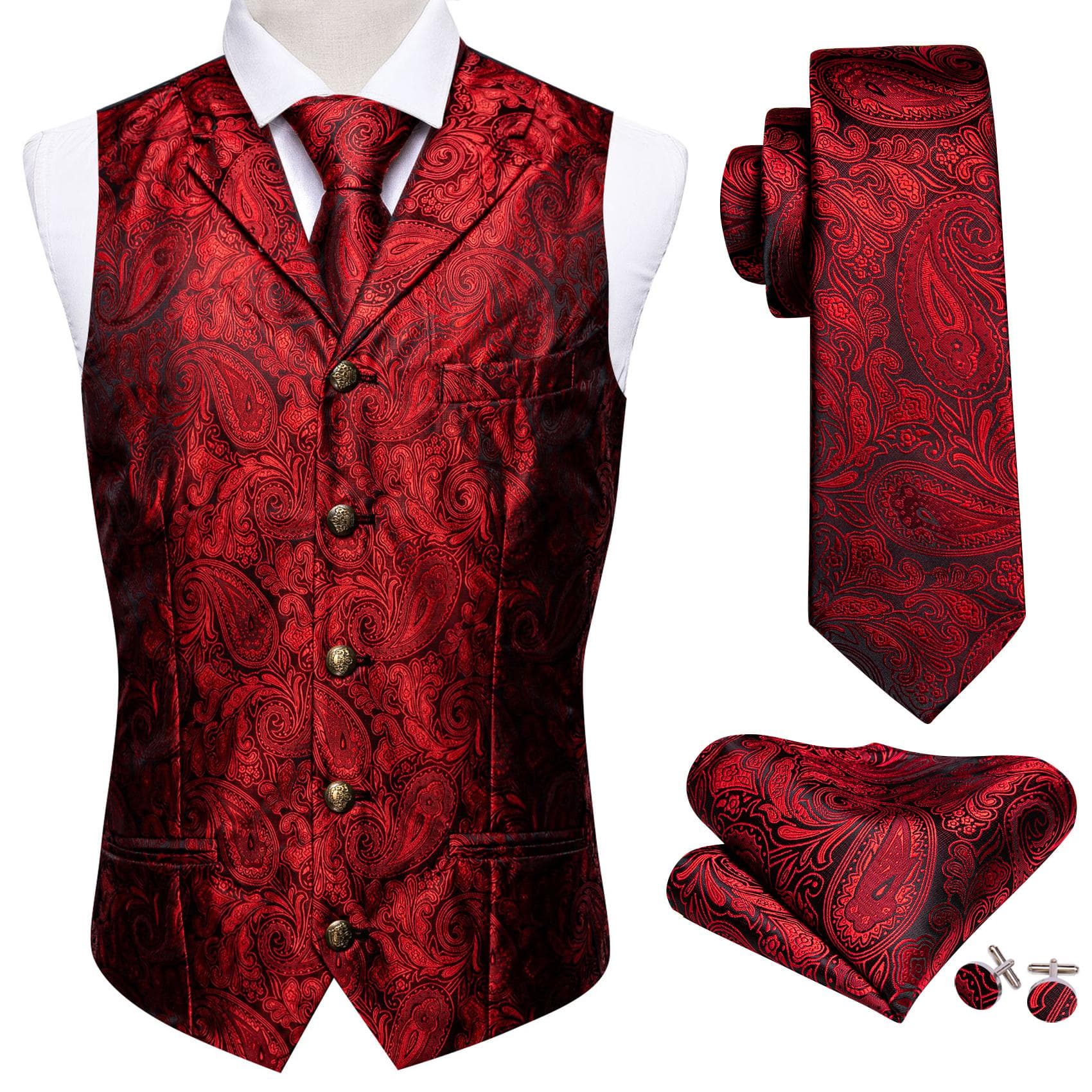 Barry.Wang Gilet pour homme, cravate, mouchoir, boutons de manchette, col cachemire rouge foncé, boucle en cuivre, jacquard tissé en soie, ensemble