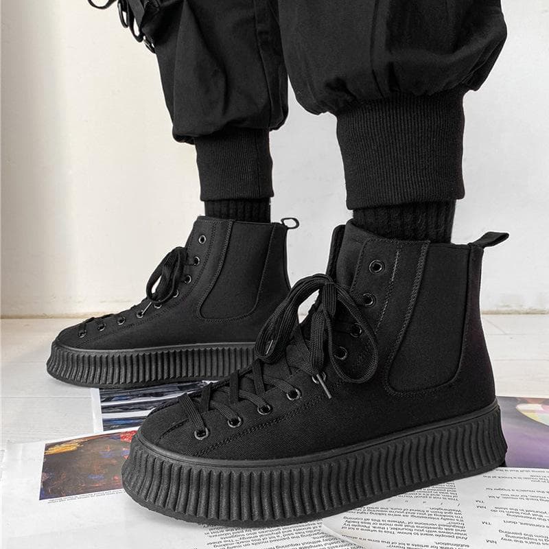 Chaussures vulcanisées montantes pour hommes à la mode Bottines Chelsea noires résistantes à l'usure Baskets en cuir rehaussées pour hommes