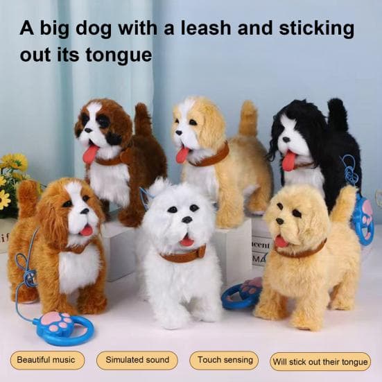 Jouet Chien en Peluche Électrique avec Laisse Langue qui Lèche Chiot qui Marche Peluche avec Détection Tactile Sons Réalistes Tout-Petits