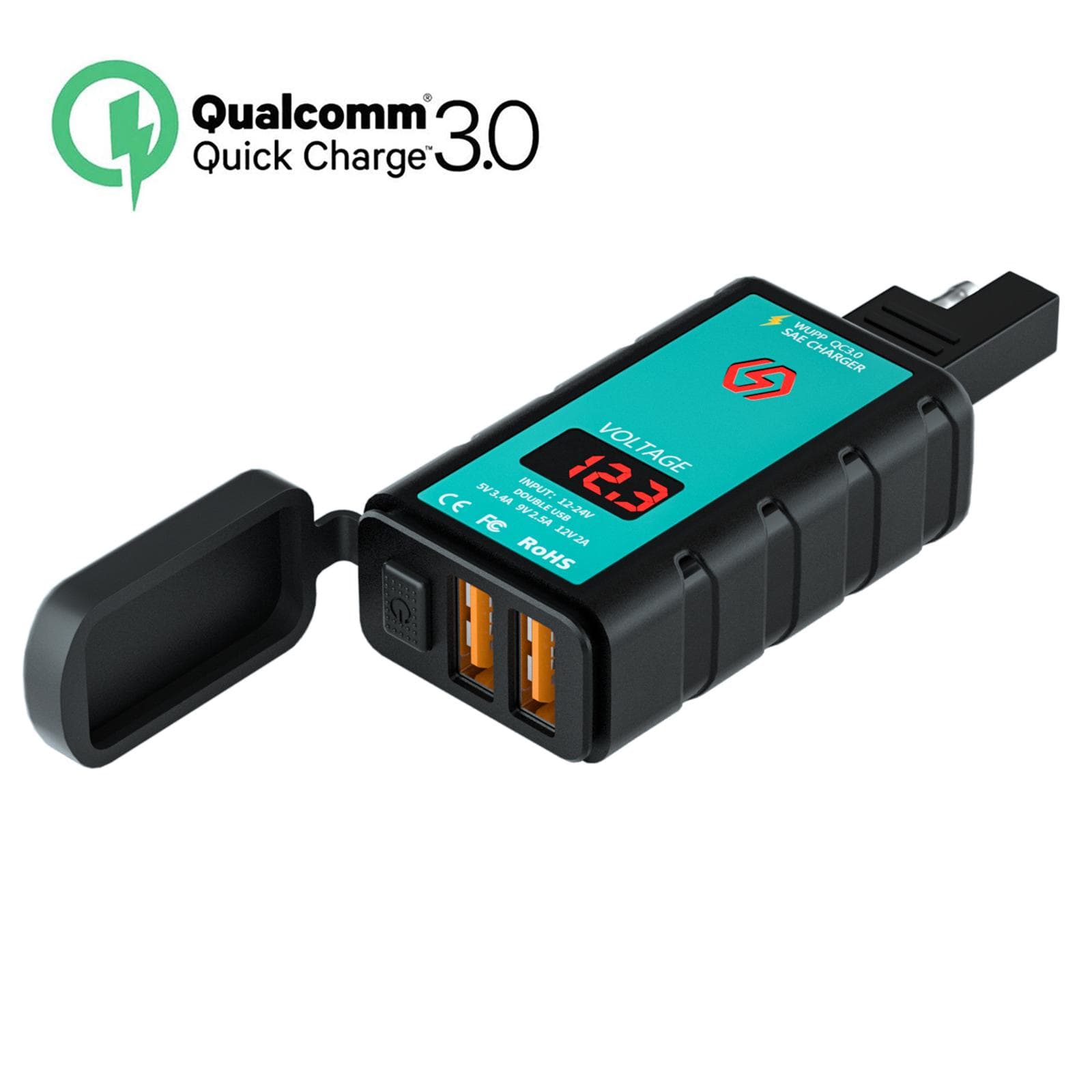 Adaptateur USB SAE, Chargeur de téléphone de moto à déconnexion rapide étanche Double USB QC3.0, Charge rapide avec voltmètre/interrupteur
