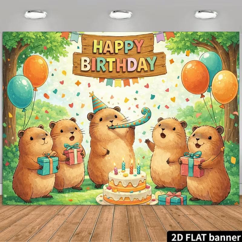 Fond d'anniversaire Capybara 2D pour Fête en Plein Air - Fond de Photographie