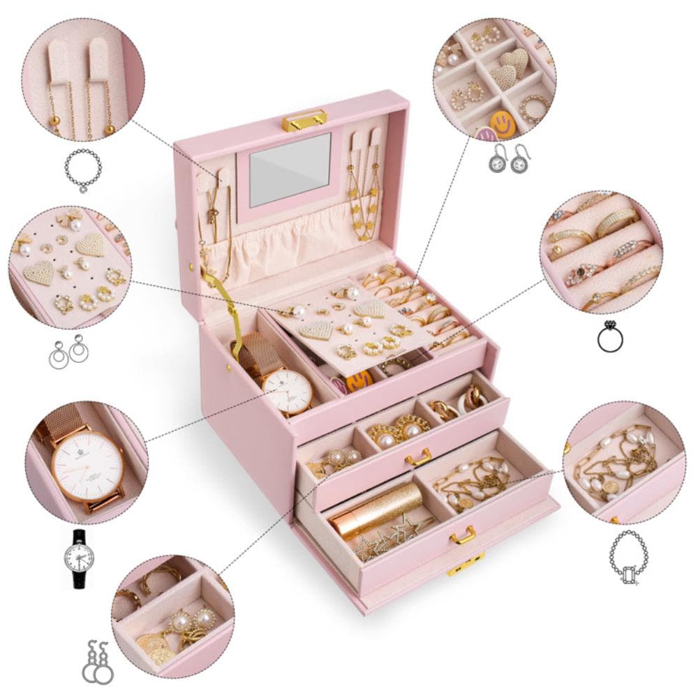 Boîte à Bijoux de Luxe Européenne | Velours Rose Multi-Compartiments | Vitrine Transparente | Idée Cadeau de Noël | Serrure de Sécurité |