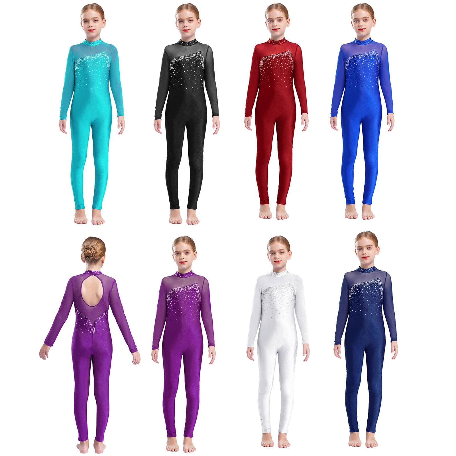 Justaucorps de patinage à manches longues pour filles, combinaison de gymnastique une pièce avec strass brillant, dos creux cm blanc