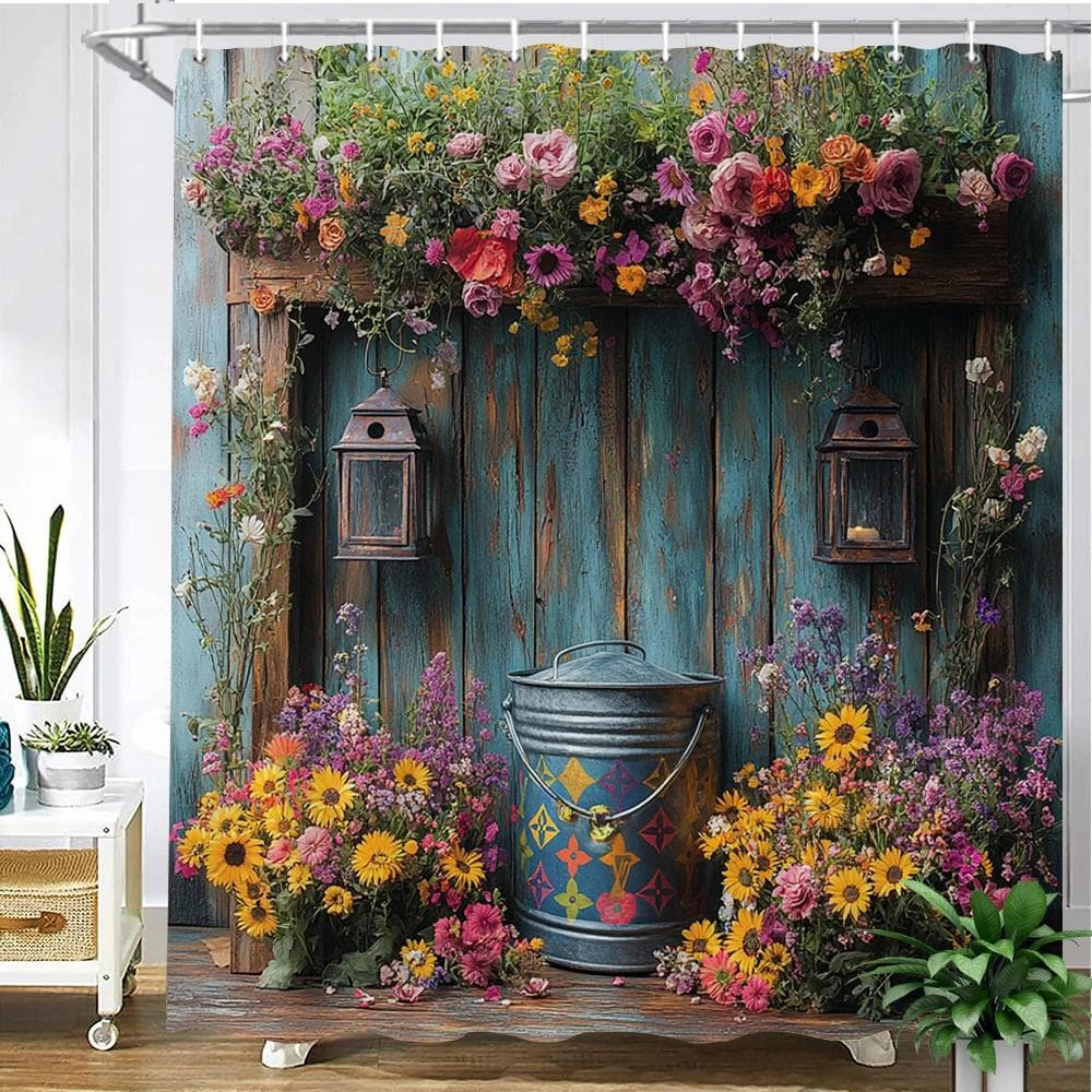 Beau rideau de douche en tissu imprimé fleurs de jardin de campagne style maison, rideau de salle de bain, rideau de décoration intérieure avec